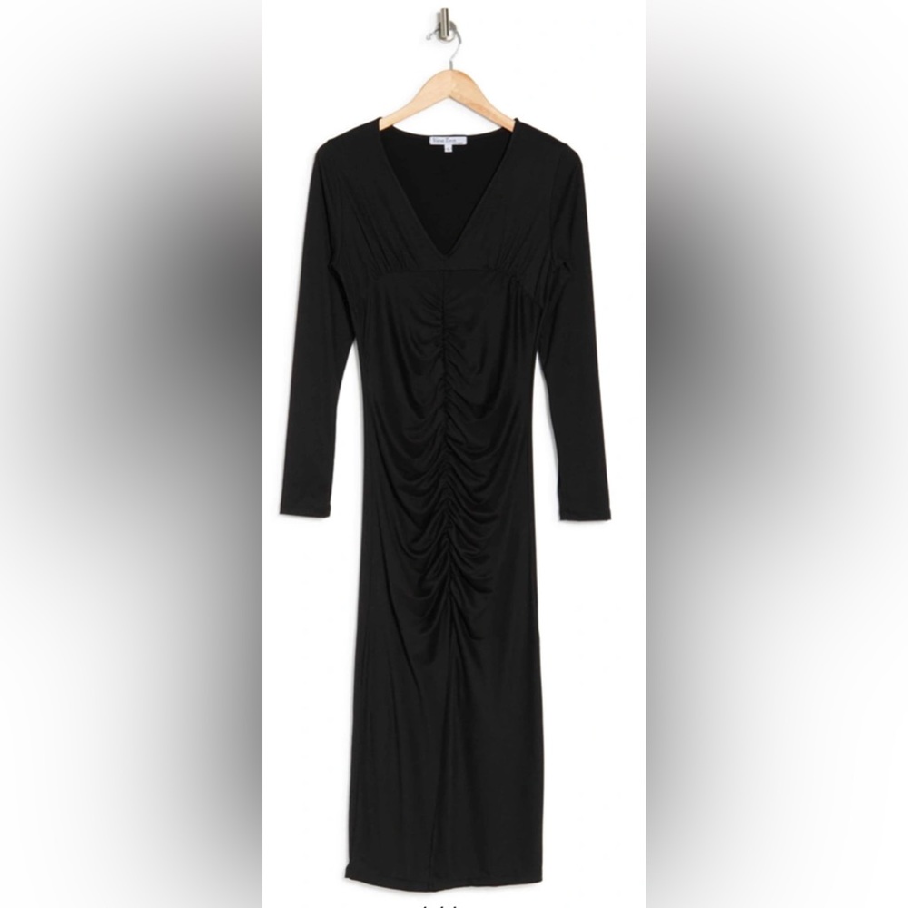VELVET TORCH V-NECK LONG SLEEVE BLACK MIDI RIBBED DRESS SIZE MEDIUM NWT